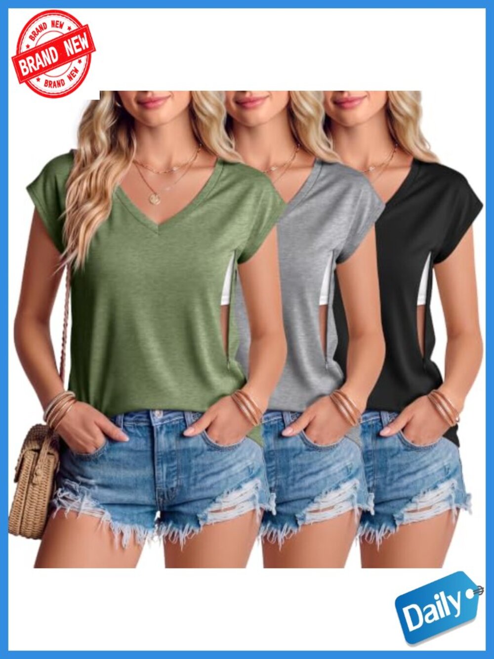 3 Pack Nursing Tops V Neck Short Sleeve Maternity Shirts with Hidden Zippers